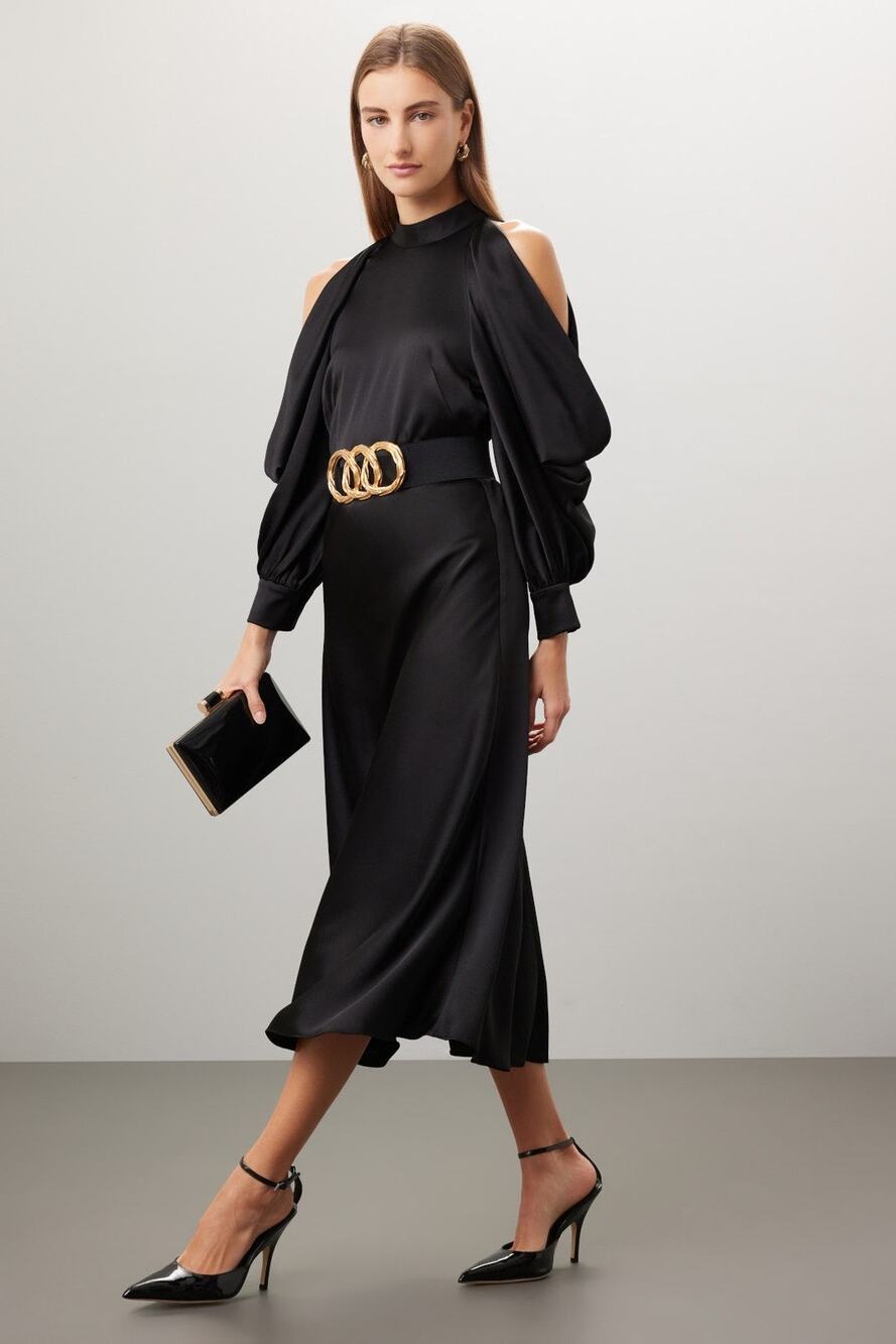 ARIAS New York Black Cold Shoulder Halter Mock Neck Midi Dress Size 4